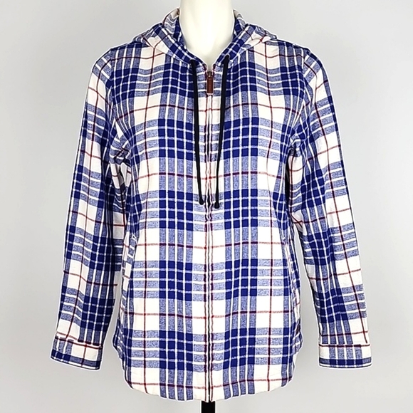L.L. Bean Women's Relaxed Fit Light Flannel Plaid Cotton Hood Zip Up Jacket Sz S - Picture 1 of 12